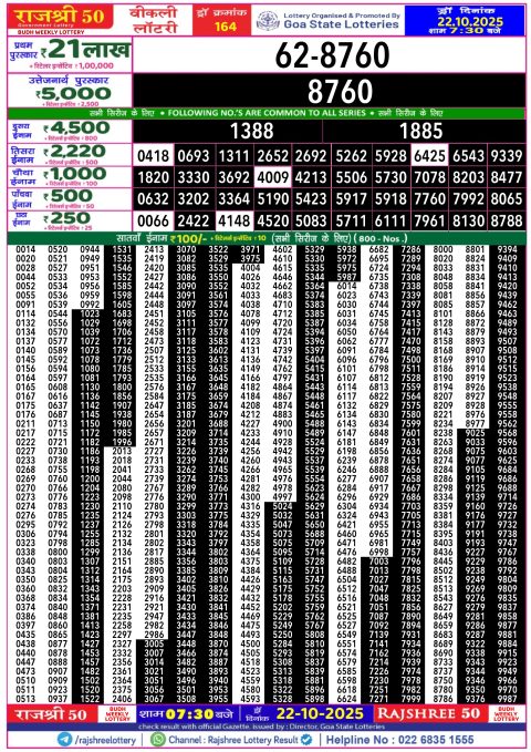 Rajshree 50 Lottery Result 7.30PM 22.10.25
