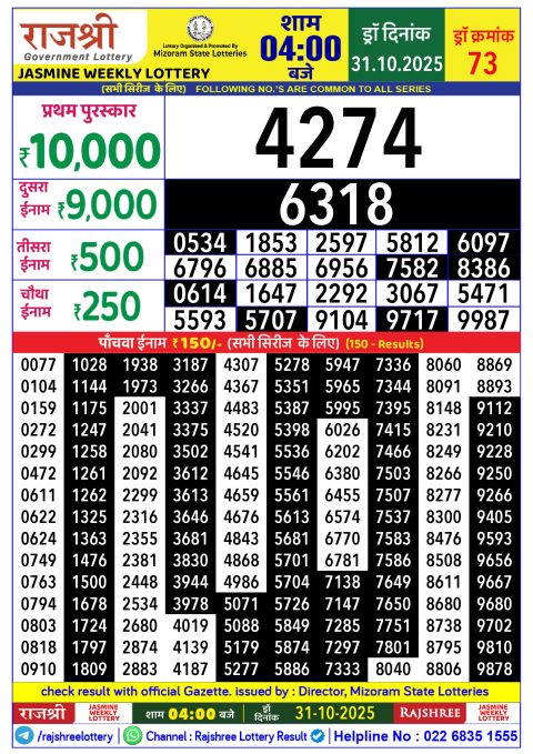 Rajshree Lottery Result 4PM 31.10.25