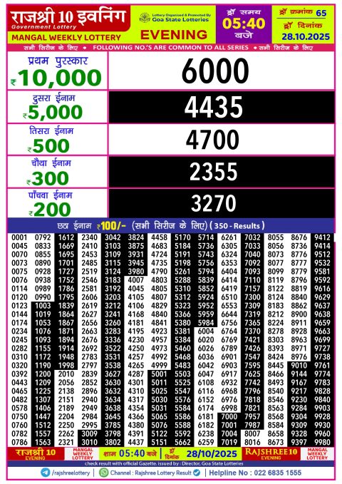 Rajshree 10 Lottery Result 5.40PM 28.10.25