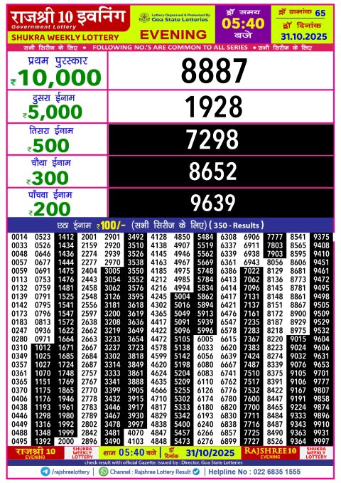 Rajshree 10 Lottery Result 5.40PM 31.10.25