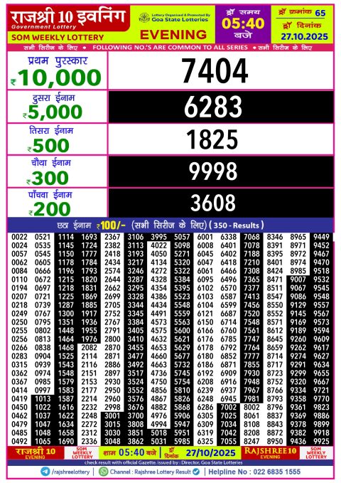 Rajshree 10 Lottery Result 5.40PM 27.10.25