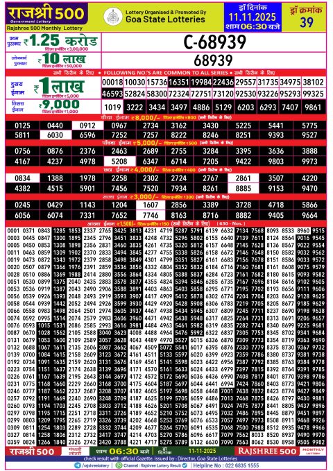Rajshree 500 Monthly Lottery Result 11.11.25 Check Now Rajshree 500 Monthly Lottery Result
