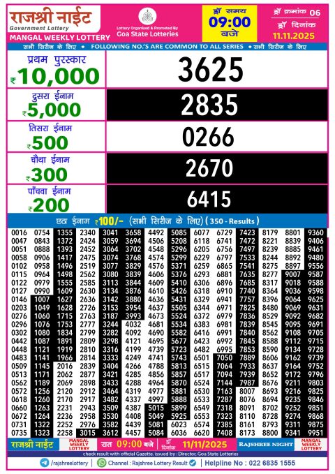 Rajshree Night Lottery Result 9pm 11.11.25