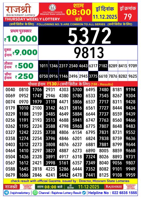 Rajshree Lottery Result 8PM 11.12.25