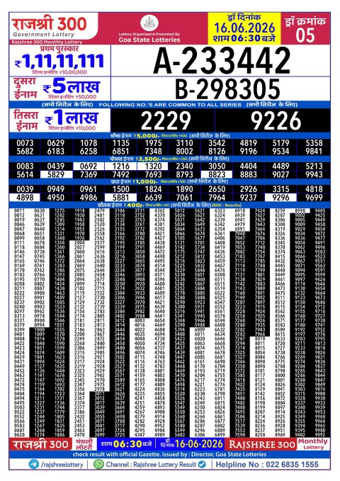 Rajshree 300 Monthly Lottery Result Today 16.06.26