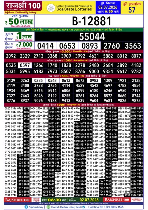 Rajshree 100 Monthly Lottery Result Today 02.07.26