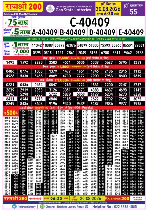Rajshree 200 Monthly Lottery Result Today 20.08.26
