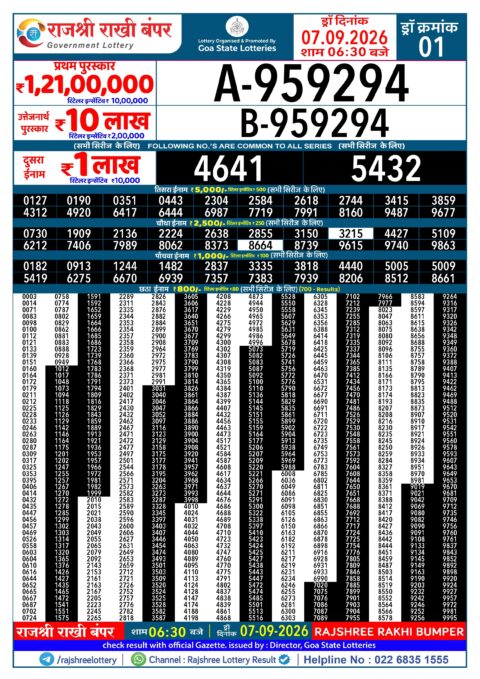 Rajshree Rakhi Bumper Result Today 07.09.26