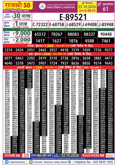 Rajshree 50 Monthly Lottery Result Today 22.10.26